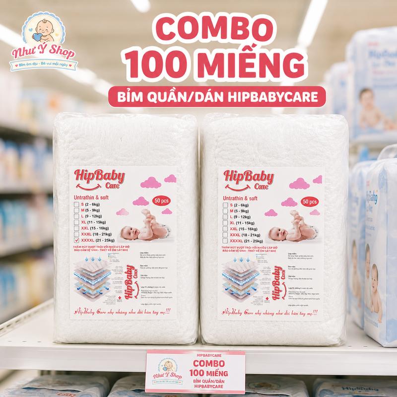 Bỉm quần/dán HipBaby 100 miếng cho bé form suông, size M-3XL, hút 500ml nước, hàng loại 1