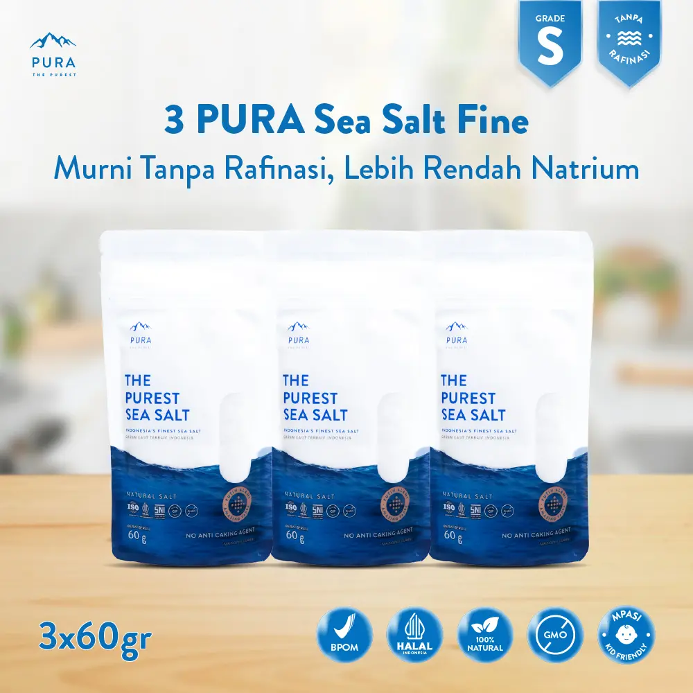 Pura Sea Salt Fine 60gr [3PCS] Garam Laut Halus - Garam Organik - Garam Natural - Garam Laut Murni - Garam Sehat - Garam Rendah Natrium - Garam Sehat