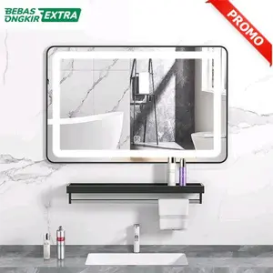 Cermin Kaca Lampu LED Vertikal/Horizontal Bathroom Shelving Dengan Ambalan Rak Gantungan Handuk 60x80 Cm - Black ( Kualitas Tinggi )