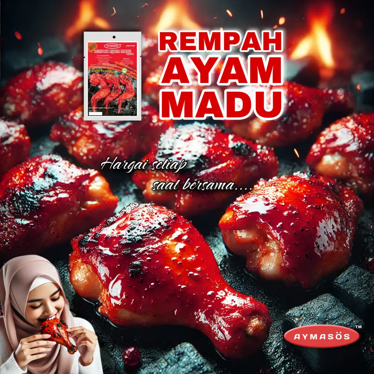 Rempah Ayam Madu Aymasos, Rempah Perapan BBQ, Original 125g, Serbuk Perapan Ayam Bakar Pedas Manis