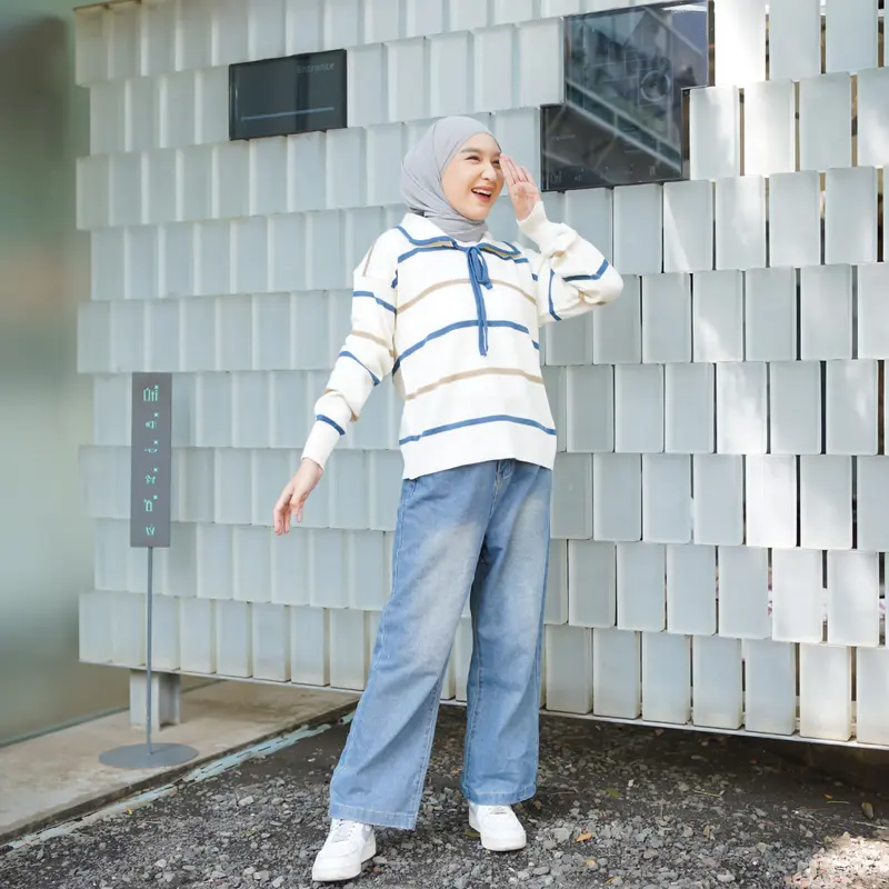NUNANE.ID -Sweater Rajut two tone striped - Atasan Blouse Wanita  polo pita Motif Garis Korean Style DAVIRA 6