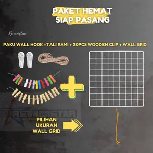 Paketan wall grid siap pasang Wire grid wall + 20pcs wooden klip + 2 wall hook paku + tali rami  gantungan aksesories foto polaroid hiasan dinding dekorasi