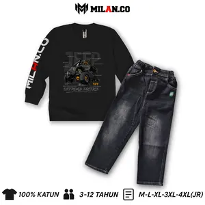 Setelan Anak Laki-Laki Kaos Lengan Panjang & Celana Jeans Panjang Usia 3-12 Tahun Bahan Premium