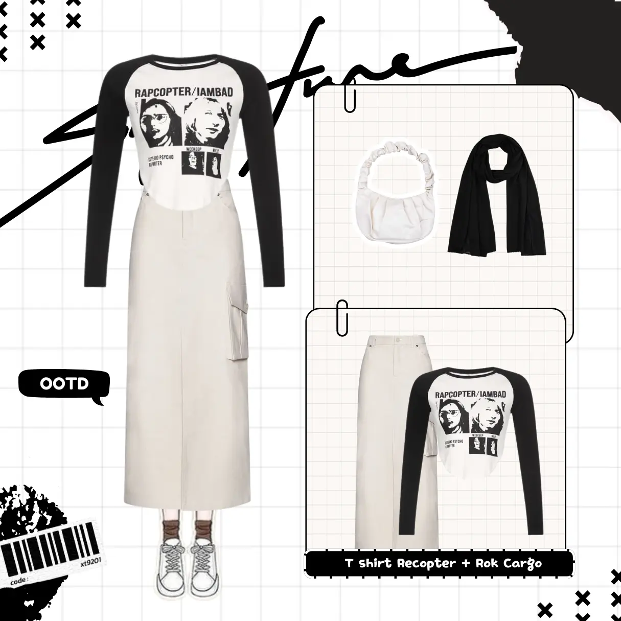 WFD-Set Signa | 4in1 One Set Remaja (Baju Panjang, Rok Cargo, Pashmina Jersey) OOTD Kekinian