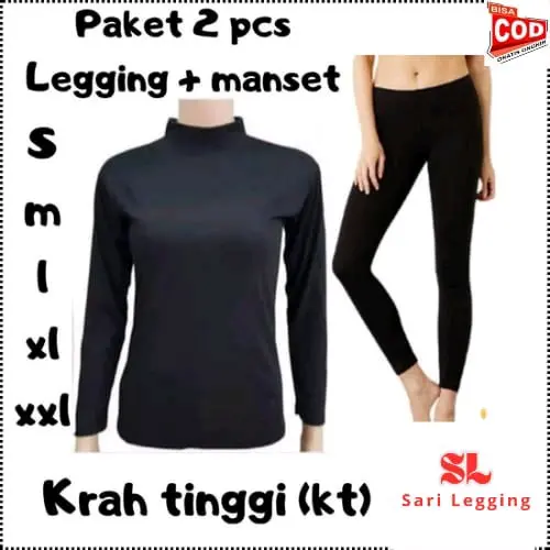 PAKET 2 PCS STELAN Manset Tutle Neck Lengan Panjang Krah Tinggi / Legging panjang premium Spandex Celana Basic Atasan Dalaman Kaos Nyaman anggun regular daily  hitam Melar Lembut Tebal Tangan Cantik Variasi Baju Bawahan