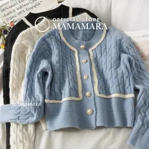 MAMAMARA - Cardigan Wol Rajut Ruffle Rompi Mutiara Kardigan Outer Sweater Atasan Tebal Knitwear Wanita Waffle