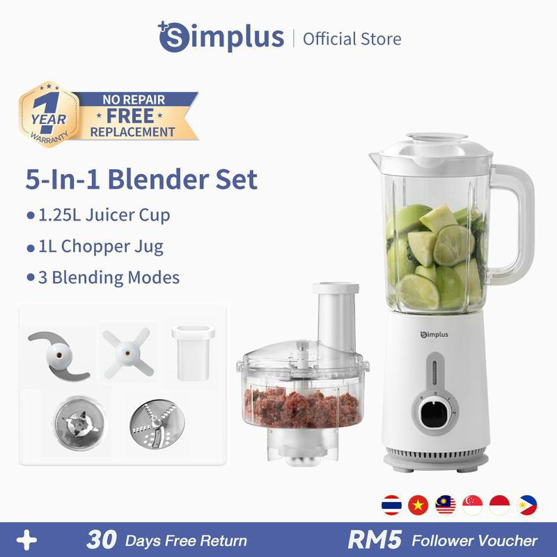 Simplus 5 in 1 Food Processor 1.25L Blender Juicer 4 Blades Detachable 3 Blending Modes Meat Grinder Chopper 500ml 300ml