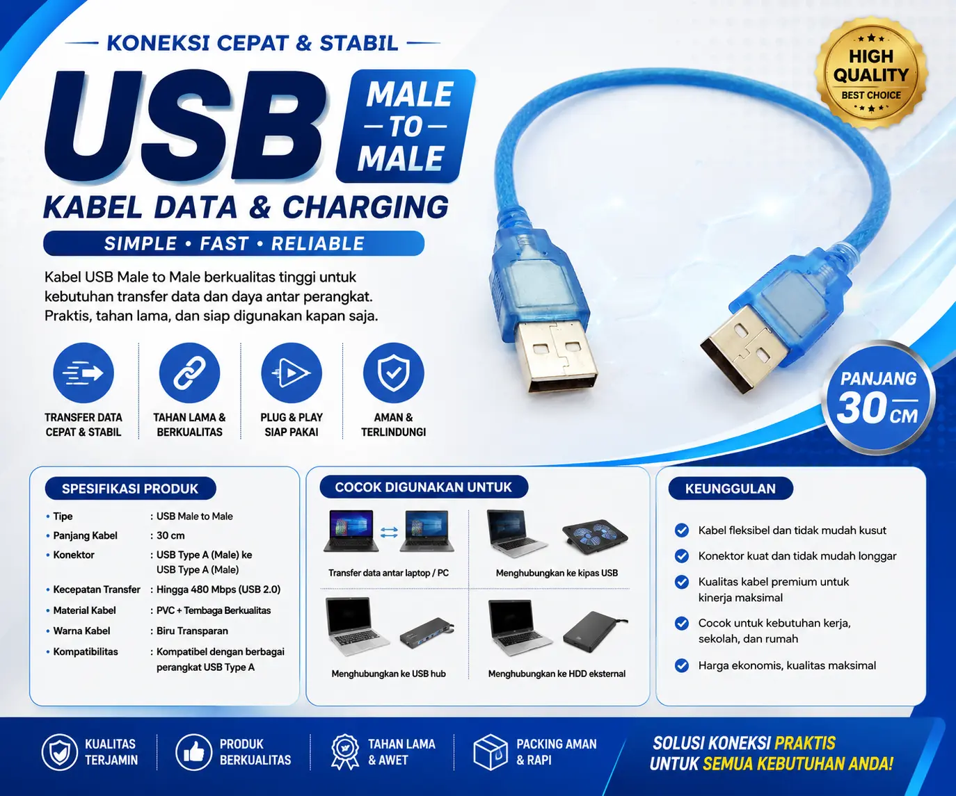 Kabel USB Male to Male 30cm / Kabel USB 2.0 Dua Arah Biru Transparan