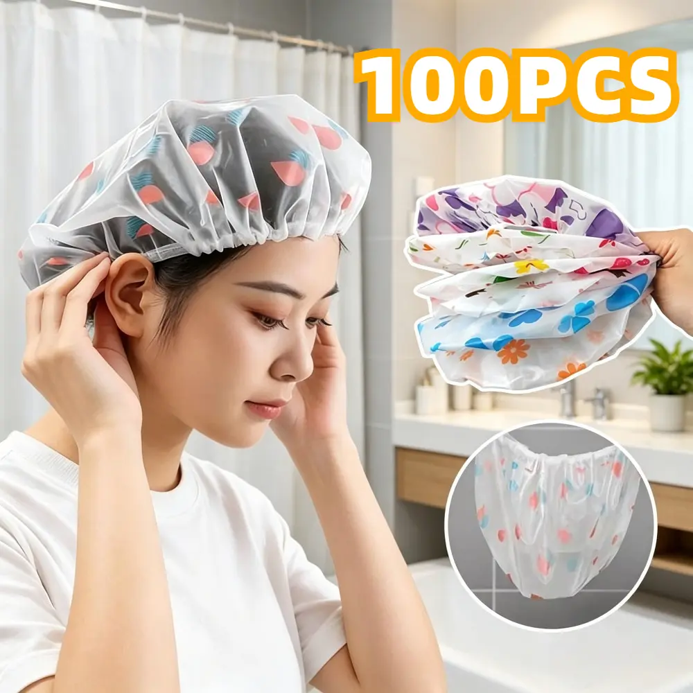100PCS Shower Cap Tebal Penutup Rambut Anti Air Transparan Desain Polkadot PVC - Pelindung Rambut Mandi Praktis