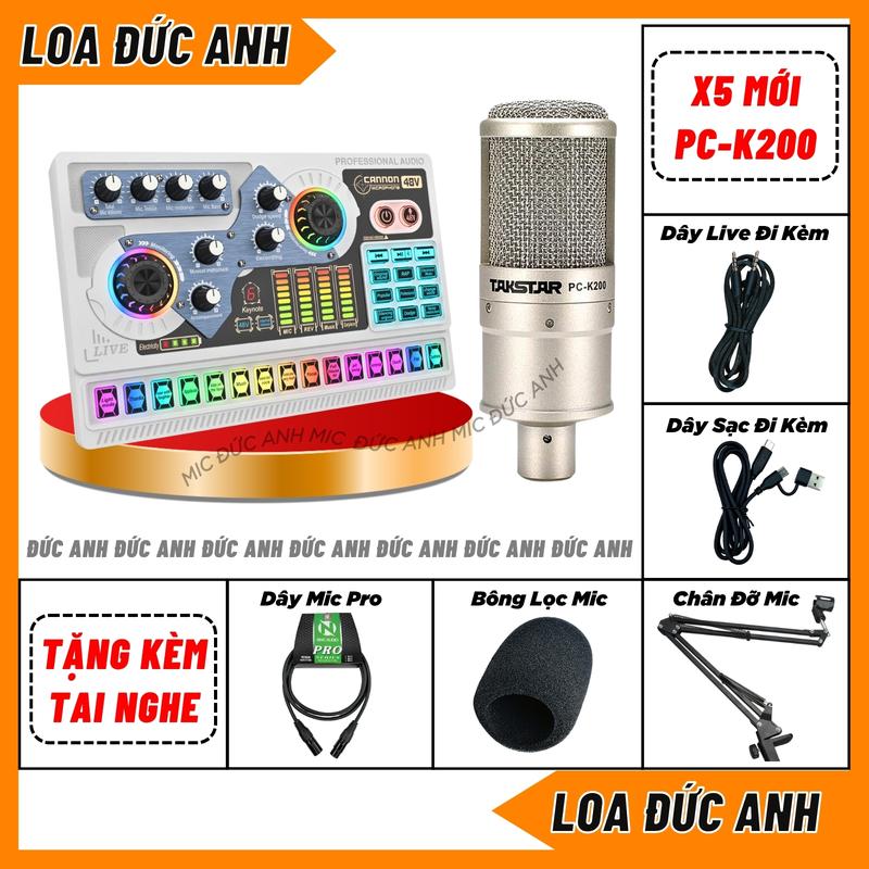 Bộ Sound Card X5 Đời Mới Mic PC K200 Màu Bạc, Chuyên Thu Âm, Hát Livestream Có Bluetooth Và Autotune Kèm Theo Tai Nghe