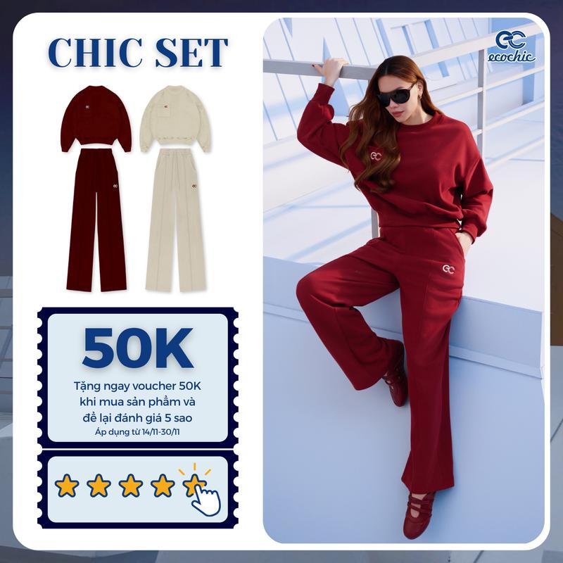  Set Bộ Nỉ Lót Nhung ECOCHIC SWEATER  Áo Nỉ Cổ Tròn Phối Quần Suông Ống Chất Liệu Cao Cấp Chính Hãng B208 