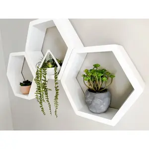 RAK DINDING TEMPEL AESTHETIC MINIMALIS, HIASAN DINDING KAYU RAK DINDING HEXAGONAL, HIASAN DINDING MK DEKOR Biru Hijau Merah Pink Putih