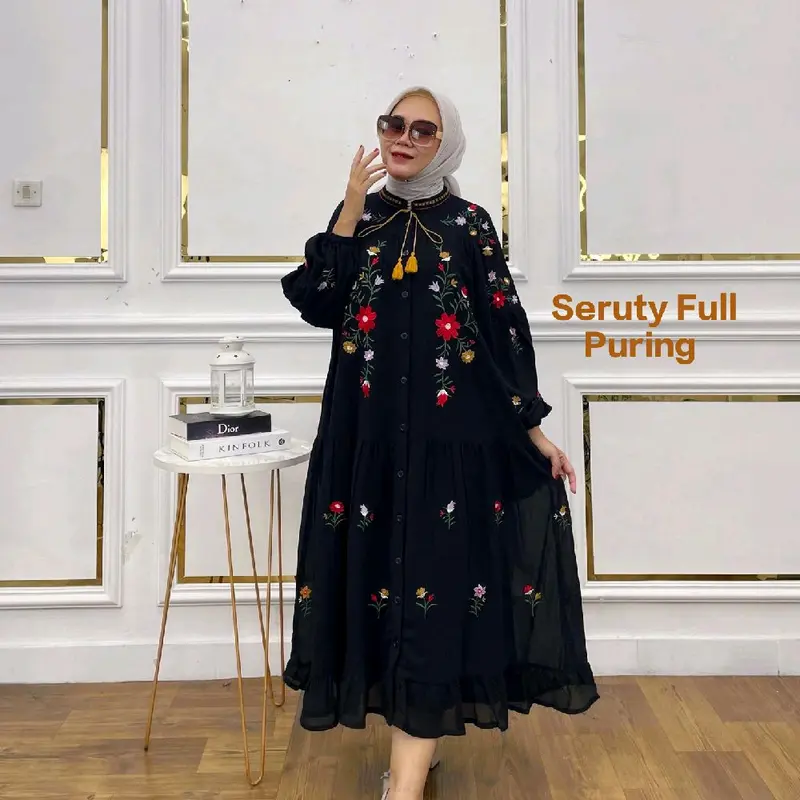 Unic Mode Gamis Midi Dress Soft Jeans Denim Lembut  Nyaman Wanita Dewasa Remaja Casual Variasi Bordir Muslim Remaja Lebaran Kancing Simple Muda Mewah 2