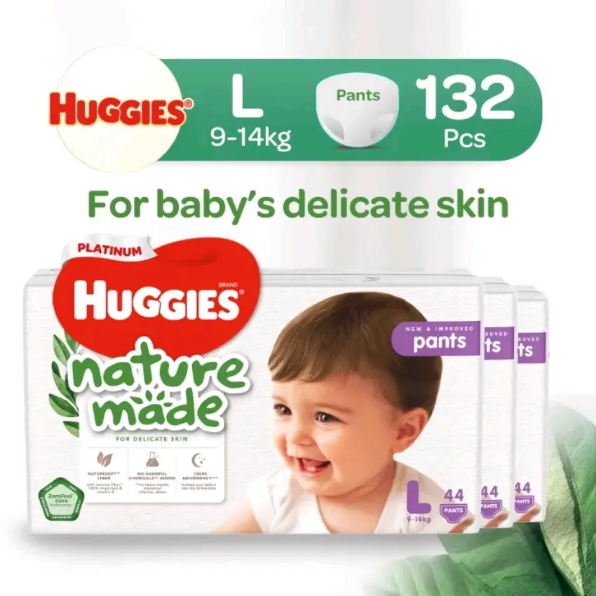 HUGGIES Platinum NATUREMADE Baby & Kids PANTS Diaper Size L [3x 44 pc] TRIPLE PACK