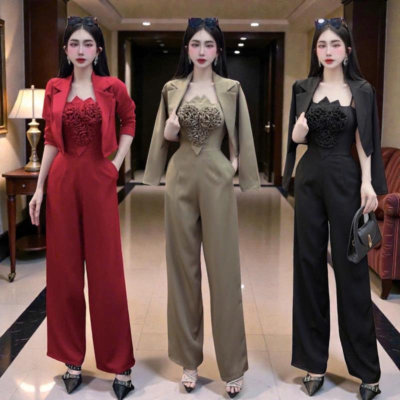  CZT   Quần dài 102cm   Jumpsuit S6652 kiểu 2 dây quần suông để đi chơi   Jumpsuit   Áo khoác vest  set đồ nữ xinh 