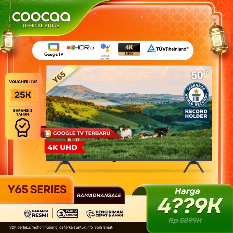 [MAY MEGA SALE] COOCAA Y65 Layar TV 50 Inch 4K Google TV - Find my remote - Flicker Free - Low Blue Light - HDR 10 Chameleon Extreme 2.0 - Bluetooth 5.1 - Dolby Audio + DTS - TV Digital tanpa STB 50Y65 1