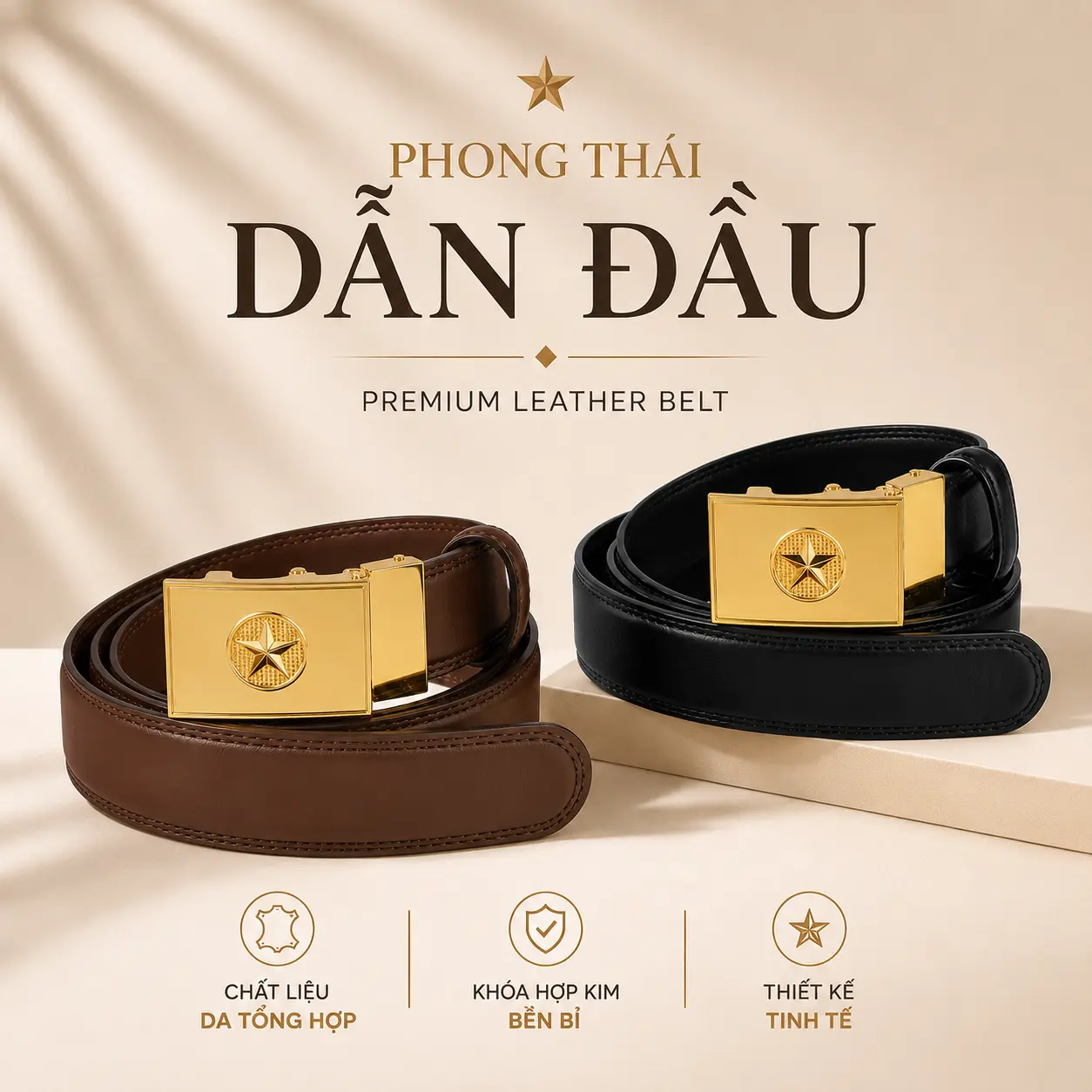 Dây lưng nam cao cấp - Mặt khóa hợp kim chốt tự động - 2 màu Đen + Nâu