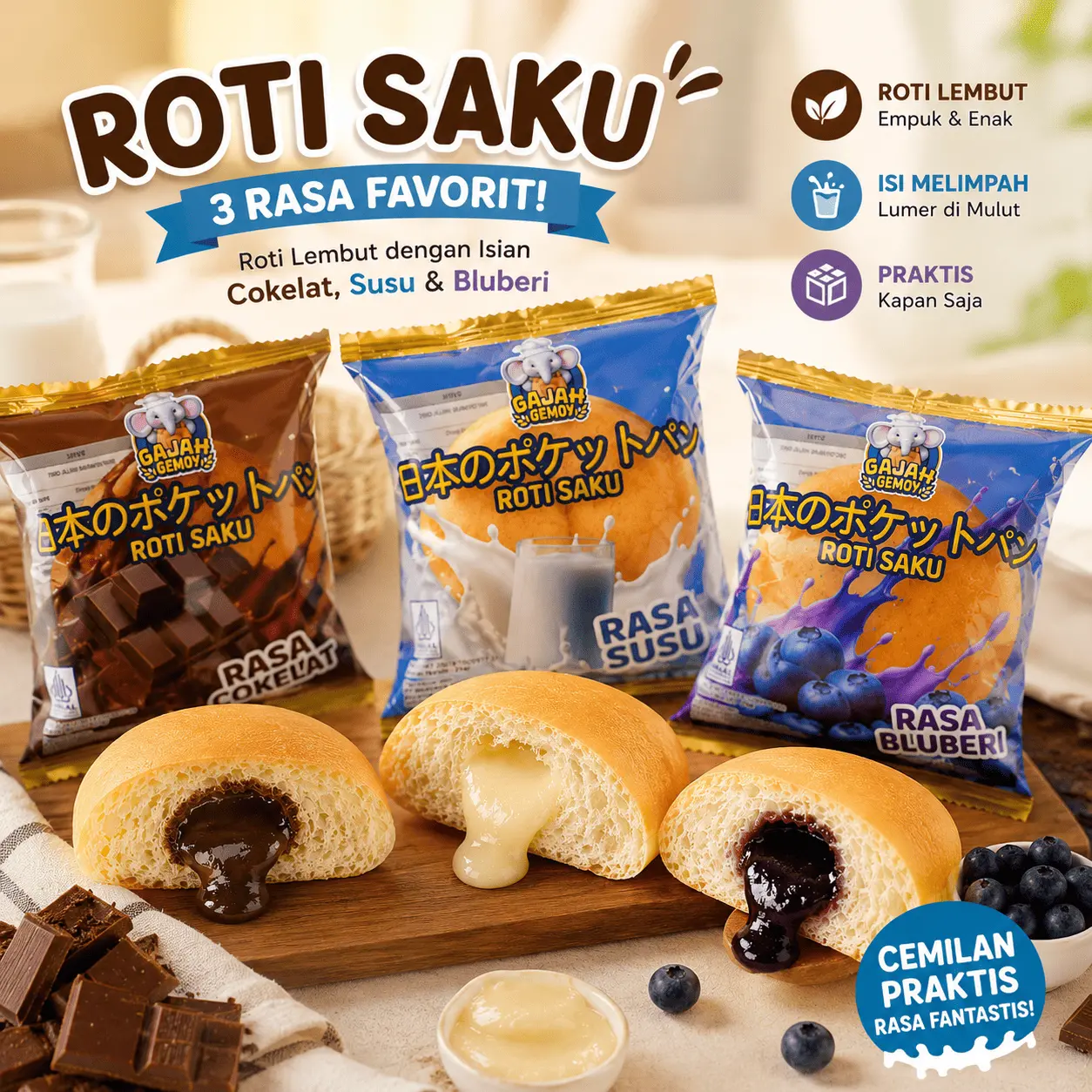 GAJAH GEMOY - HALAL Roti Saku Gajah Gemoy Isi Lumer Super Lembut | Roti Isi Cokelat, Susu & Blueberry | Snack Viral, Cemilan Praktis untuk Sarapan & Bekal