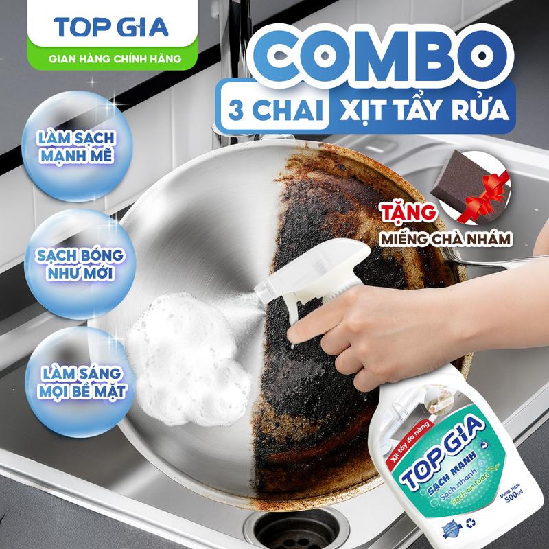 TẶNG MIẾNG CHÀ NHÁM Combo 3 Chai Xịt Tẩy Rửa TOPGIA 500ml – Tẩy Sạch Mọi Vết Bẩn Cứng đầu Dầu Mỡ Cặn Bẩn Mảng Bám Trên Xooong nồi chảo – Dùng Cho Nhà Bếp- Topgiaclean - XĐN