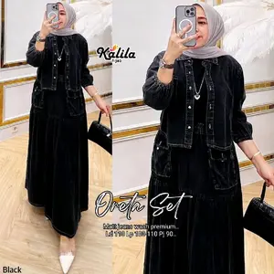 HK SET ATASAN DAN ROK PANJANG BAHAN JEANS DENIM PREMIUM // ORETA SET // ONESET