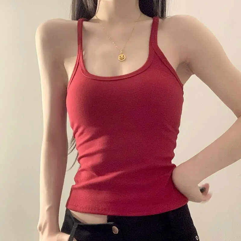 Hot Girl Sleeveless Tank Top with Chest Pad Sexy Vest for Women Casual Plain Camisole