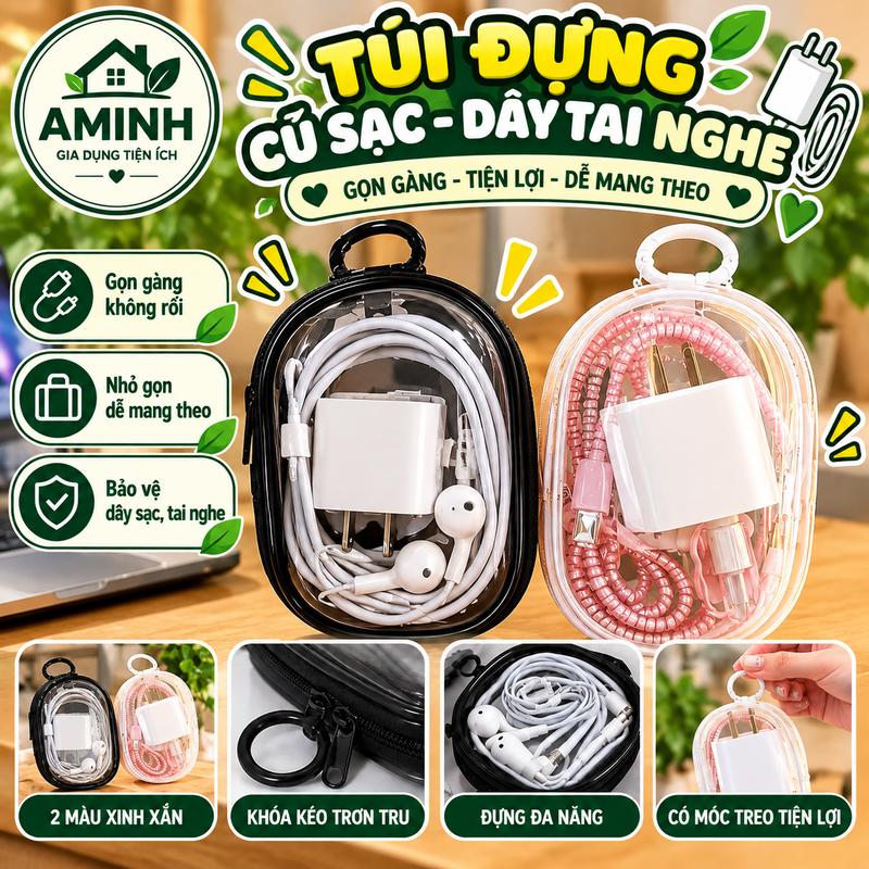 Túi đựnġ dây củ sạc dây tai nghe trong suốt đơn giản Túi lưu trữ móc chìa khóa anhi7