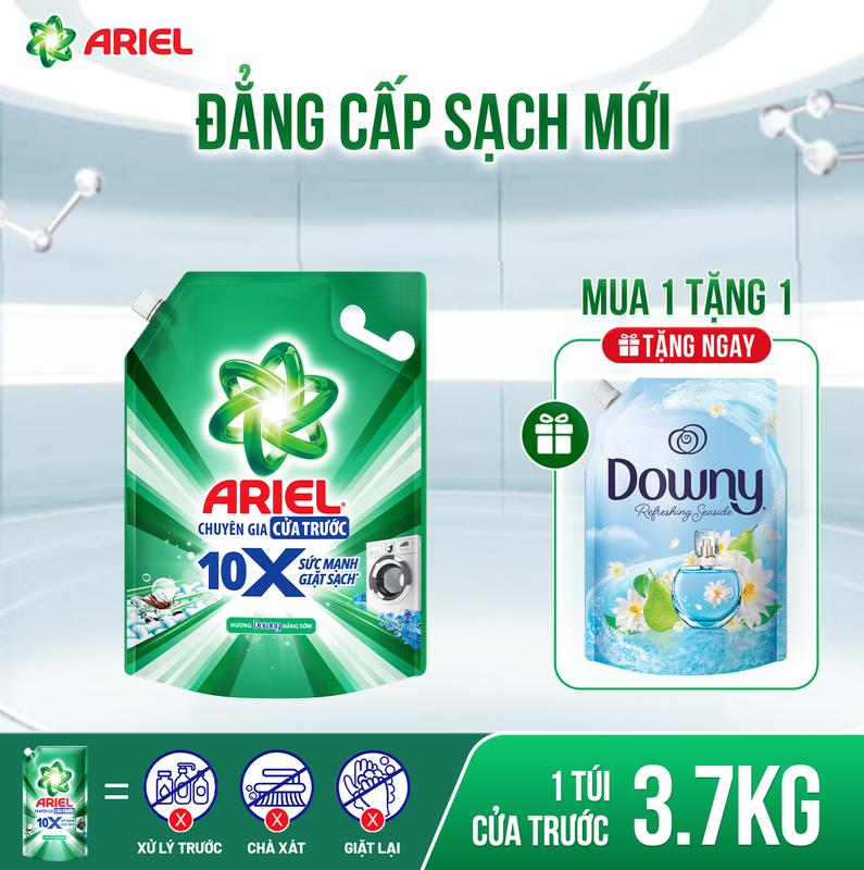 [Mua 1 tặng 1] Nước giặt siêu sạch Ariel 10X đậm đặc hương Downy nắng sớm thơm lâu cửa trên/cửa trước 3.7kg - 4.05kg tặng Nước xả Downy 1L Bờ biển