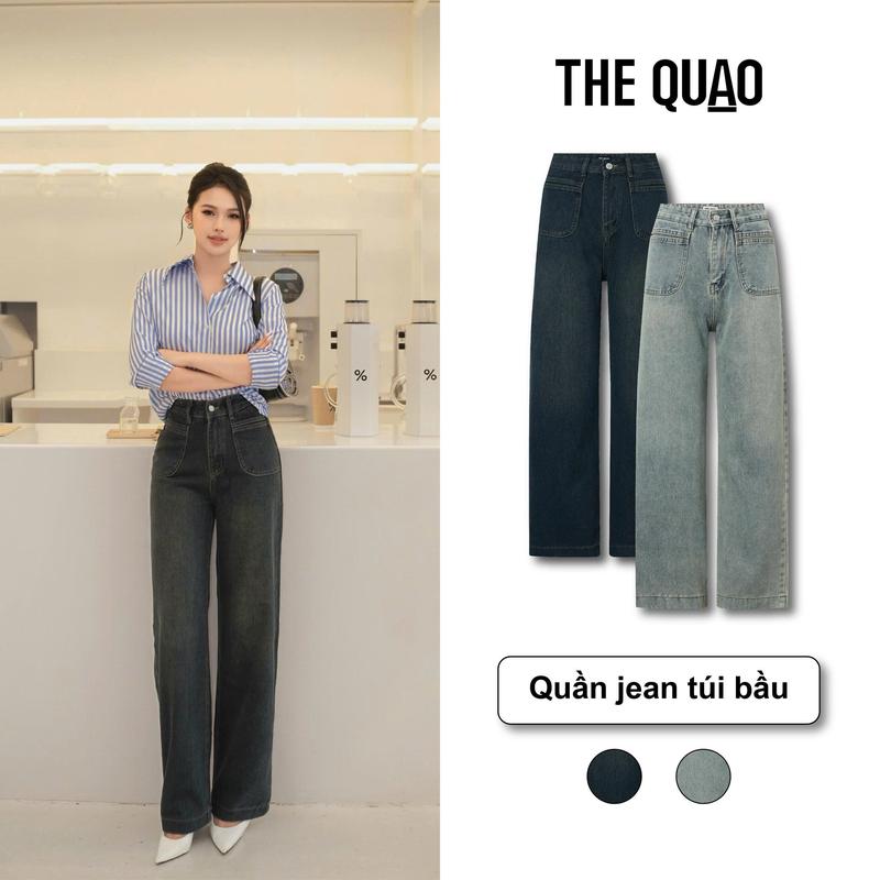 THE QUAO - Quần Jean Nữ Lưng Cao Ống Suông Rộng Phối Túi Xanh Nhạt Rêu phủ Bụi Vàng Nhẹ S2105_661