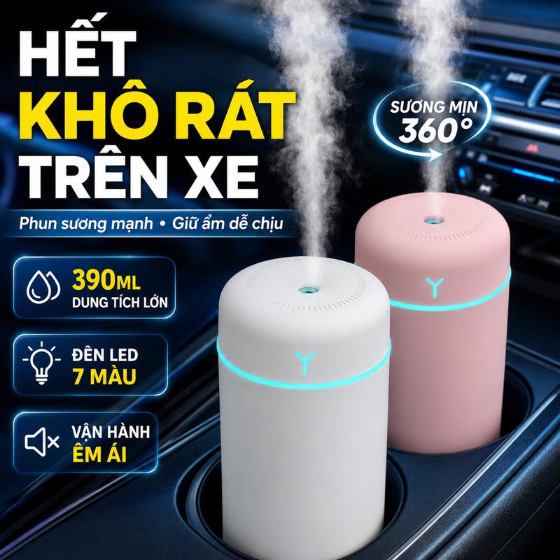 Máy Tạo Ẩm Mini USB 390ml Phun Sương Mịn, Đèn Ngủ 7 Màu Dịu Nhẹ, Công Suất 2W…
