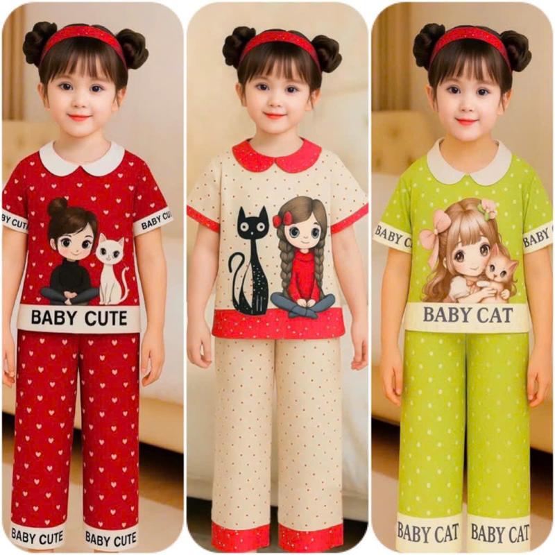 Combo 3 Bộ Áo Cộc Quần Dài Bé Gái Có Cổ Chất Thun Lạnh Co Giãn Mềm Mát Size 10-55kg Vải Thun Dày Dặn Loại 1 In Hình 5D Co Giãn 4C
