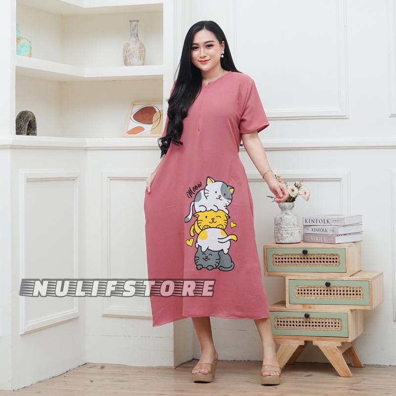 Daster Karakter Longdress Sablon Crinkle Airflow Busui Nyaman Panjang Kantong 0