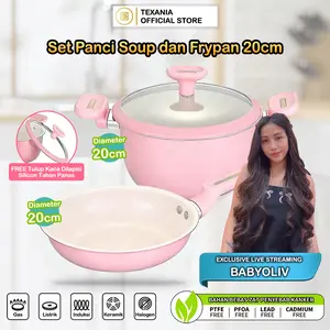 [EXCLUSIVE BABYOLIV] TEXANIA SET Panci Soup dan Frypan PINK Anti Lengket 20cm Multifungsi Mudah Dibersihkan Kualitas Foodgrade Kitchenware