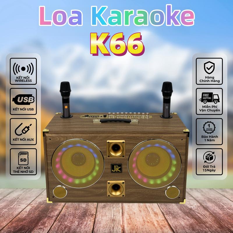 Loa Karaoke JK-K66 550W Di Động Nghe Nhạc Xách Tay Bluetooth, LED tạo hiệu ứng 8 chế độ, Loa ngoài trời, Loa gia đình, 2 Micro không dây, 3 Đường Tiếng - Bass 20cm x 2, Mid 12cm x 2, Treble x 2, Bảo Hành 12 Tháng