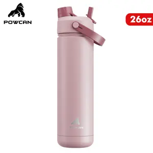 POWCAN Botol Air 26 oz Stainless Steel Insulated dengan Tutup Straw & Spout 2-in-1 Tahan Bocor Menjaga Minuman Dingin 24 Jam