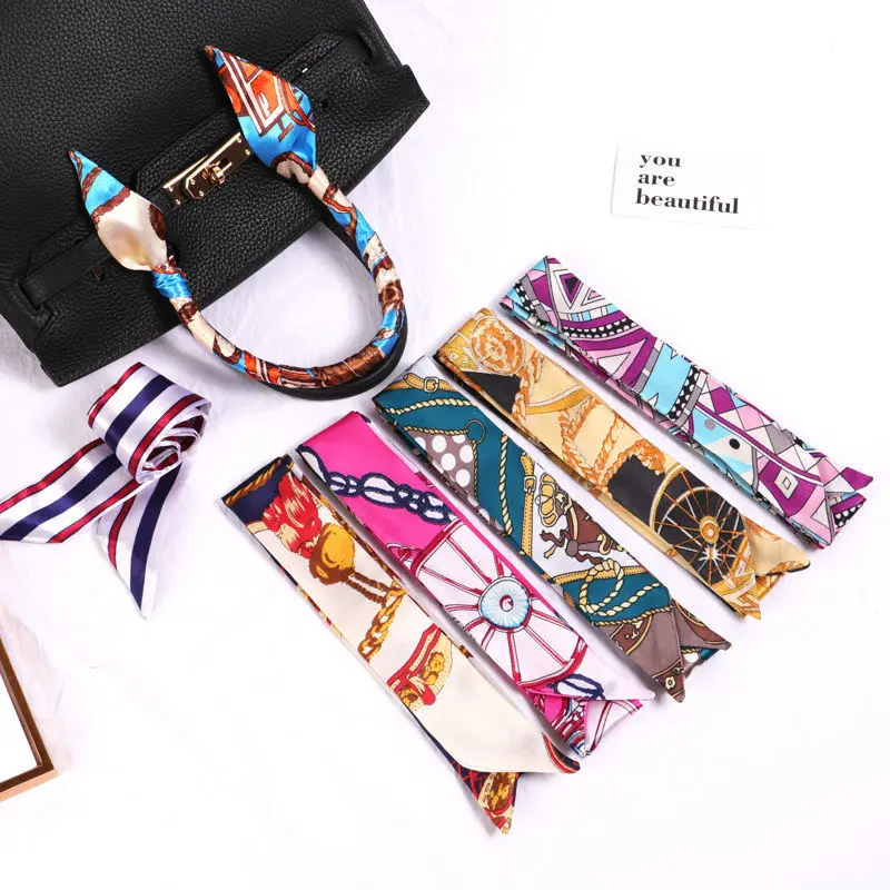 Luxury Woman Twilly Silk Scarf 90cm*4cm Long fashion Small Head Scarf Bag Ribbons Kerchief Ladies Tie