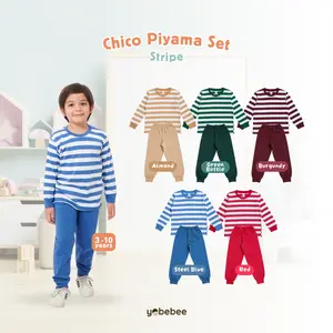 Yobebee Chico Piyama Set Stripe Baju Tidur Anak Usia 3 4 6 8 10 12 Tahun One Set Piyama Kids Kaos Motif Salur Lengan Panjang Baju Harian Santai Anak