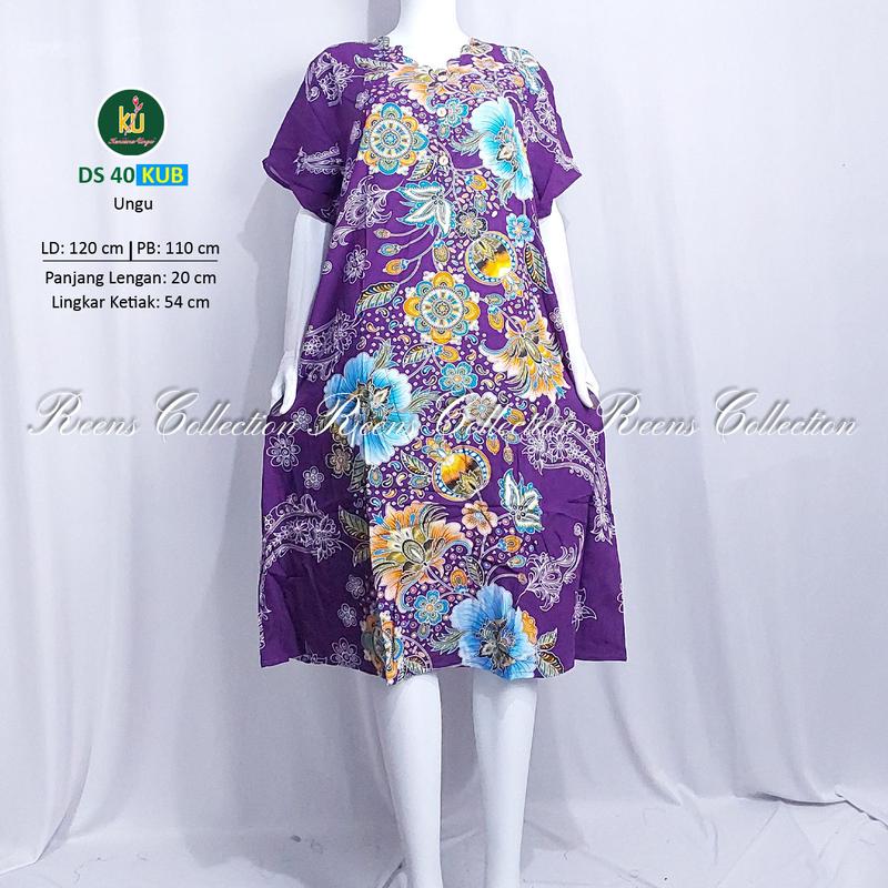 Kencana Ungu Daster 40 KUB Label Biru | Daster Tangan Pendek Di Bawah Lutut Leher Bergelombang 3 Kancing Depan Batik Busui 7