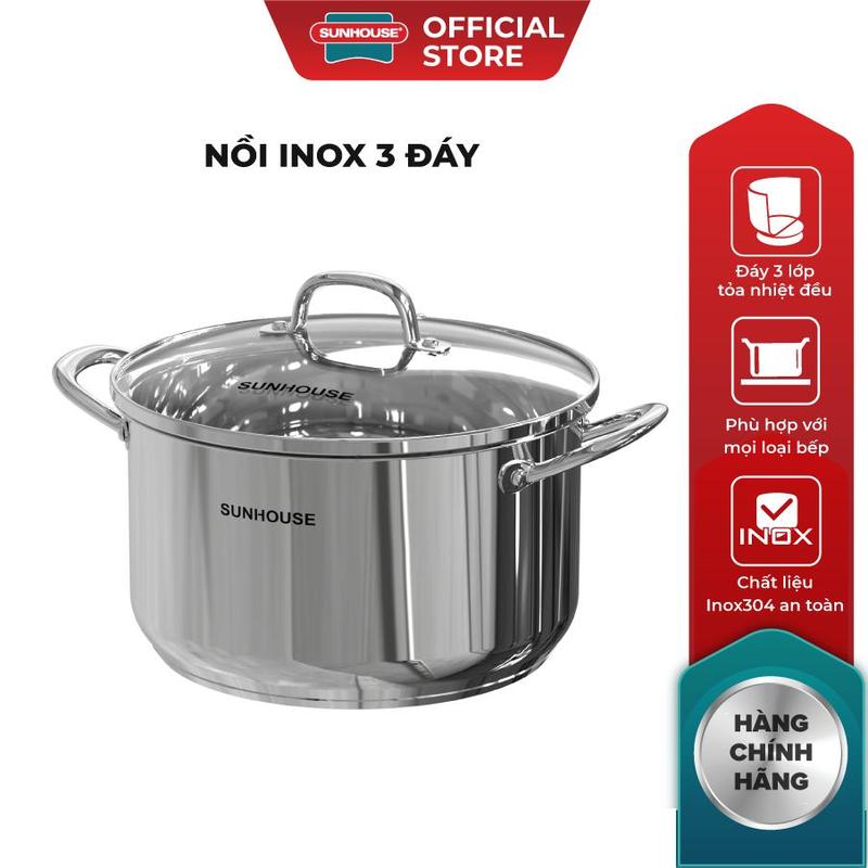 Nồi Inox 3 đáy SUNHOUSE SHG301-20-24-28 - Vung kính cường lực viền inox siêu bền