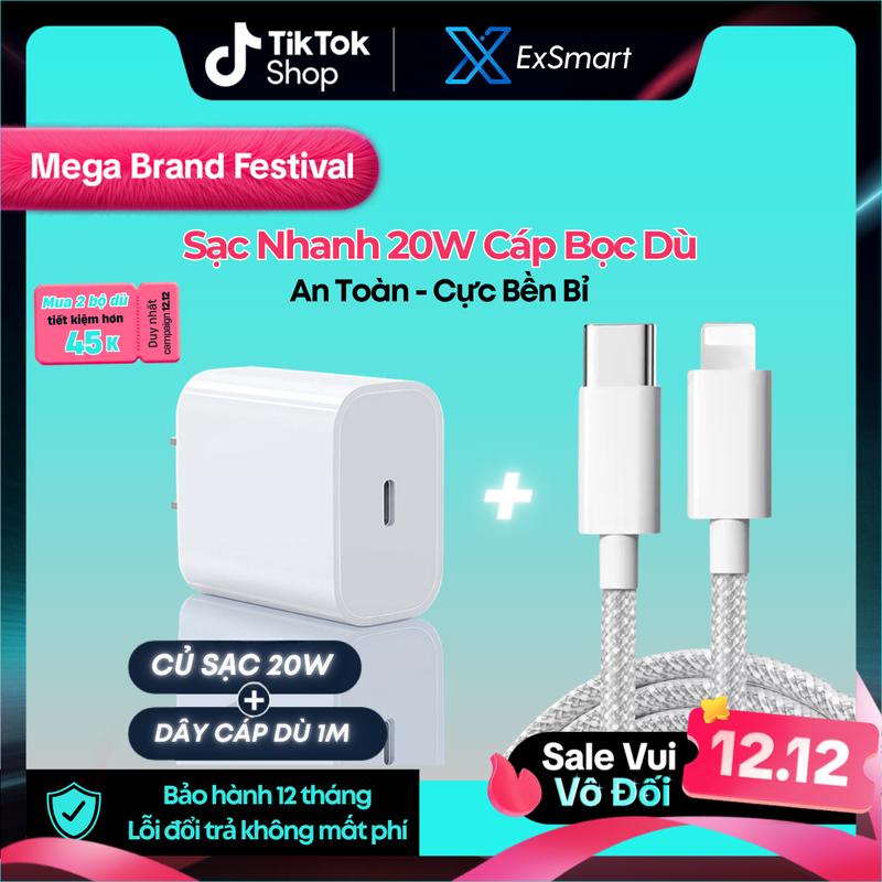 ExSmart Bộ Sạc Nhanh IP 20W PD Cáp Bọc Dù Chống Gãy Gập Độ Bền Cao Tốc Độ Sạc 60% trong 30 Phút Bảo Vệ Pin An Toàn Cho Điện Thoại