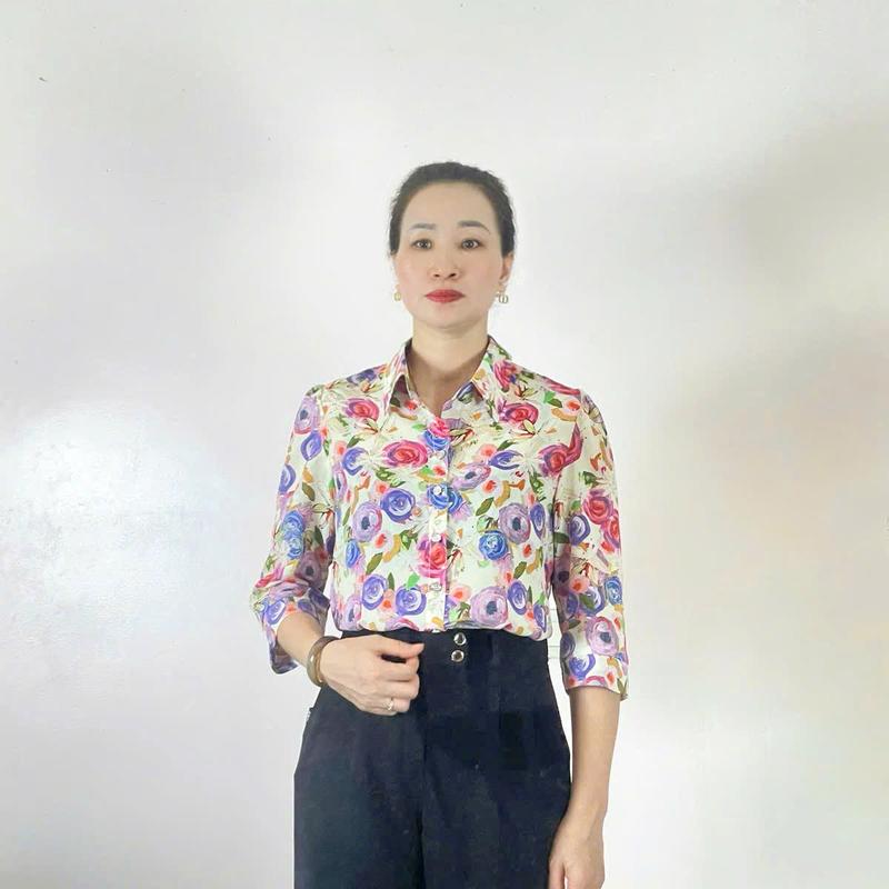 BRS Blueroses Áo Sơ Mi Nữ Lụa Tằm Tay Lỡ Họa Tiết Hoa Bo Gấu Size S-2XL
