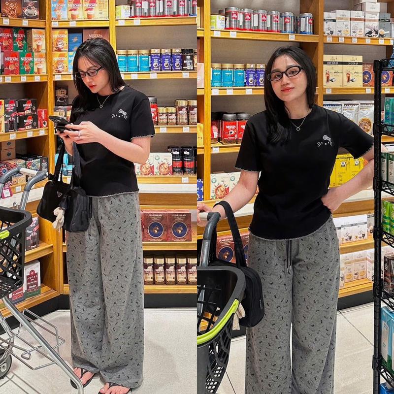  Set Bộ Nữ Áo Form RỘNG  Tici Thêu Phối Quần Suông Chất Thun In Mèo Nơ Xám Bigsize 42-83 KG 