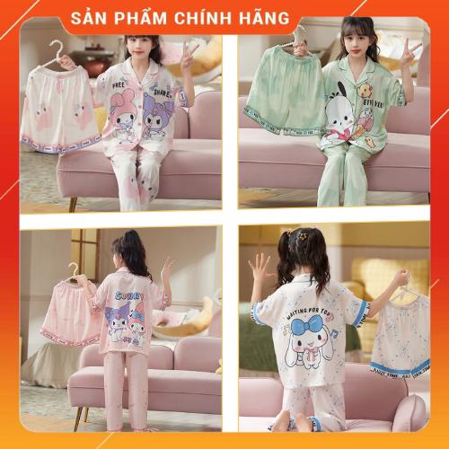 SET 2 CHI TIẾT 1 ÁO + 1 QUẦN - Bộ đồ ngủ lụa trẻ em cao cấp - Bộ bé gái tay cộc quần dài - Bộ bé gái tay cộc quần đùi  hoạ tiết 5D kuromi cinamoroll đáng yêu