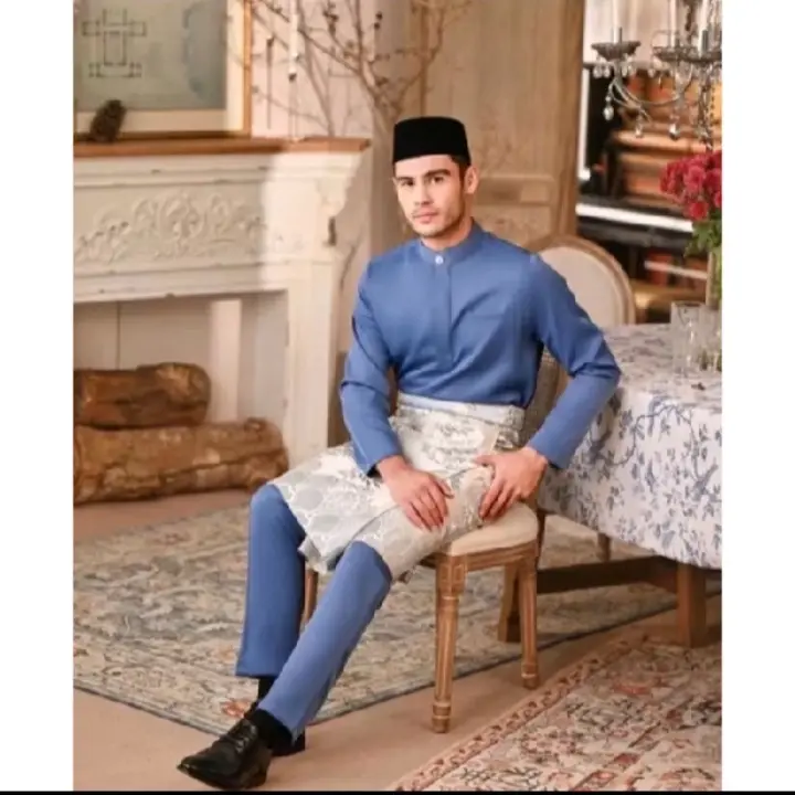 Abbdullah teluk belanga,cekak musang baju melayu pria,baju Malaysia pria,baju couple Koko Muslim Dewasa Panjang Lebaran Kurta Mewah Kancing Cowok Keren Formal Seragam Keluarga,baju couple Lebaran ibu ayah 2