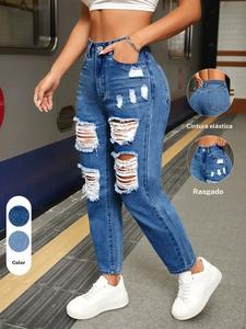 Jeans lisos y rasgados de pierna recta para mujer, pantalones de mezclilla casuales y de moda para uso diario y al aire libre, prendas inferiores para damas para el verano