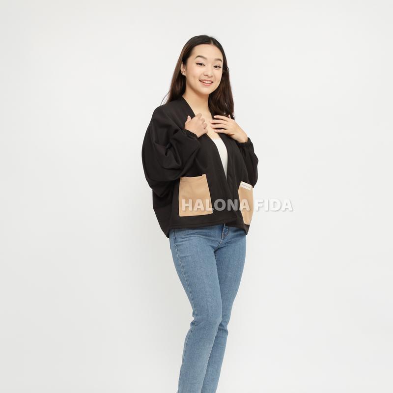 Cardigan Lona Outer Atasan Wanita Batwing Oversize Kelelawar Polos Kantong Kanan Kiri Two Tone Premium 5