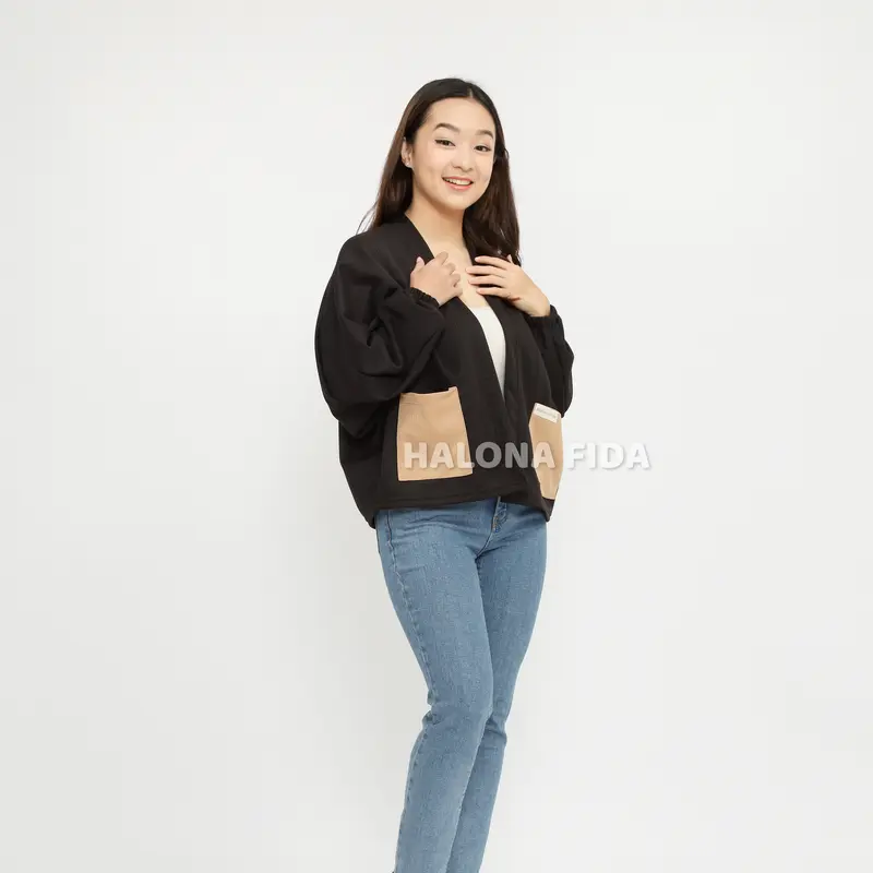 Cardigan Lona Outer Atasan Wanita Batwing Oversize Kelelawar Polos Kantong Kanan Kiri Two Tone Premium 4