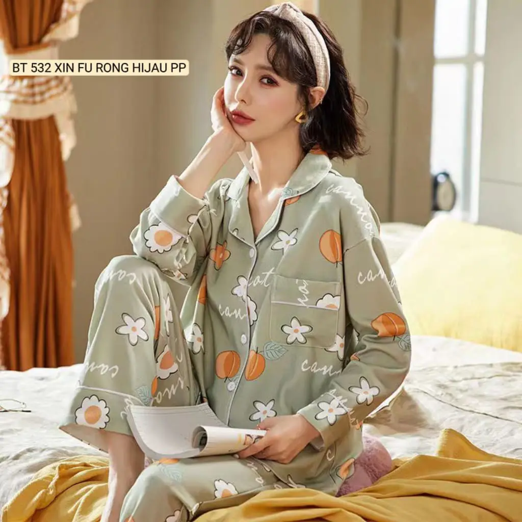 Setelan Piyama Wanita Korea Baju Tidur Celana Panjang Lengan Panjang Perempuan Model Kerah Kancing Katun Lembut Nyaman Motif