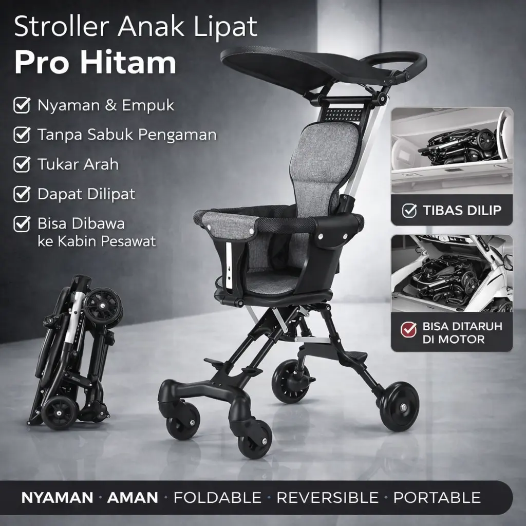 Hitam + Dengan bantalan + Dengan kanopi peneduh