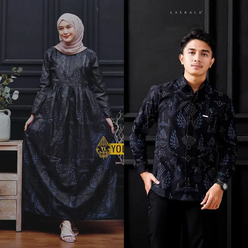 Baju Batik Couple Modern - Sarimbit Batik Kondangan Kekinian - Couple Gamis Batik dan Kemeja Polyester Dewasa Katun Motif Muslim Panjang Pasangan Dress Keluarga Seragam Kombinasi 5
