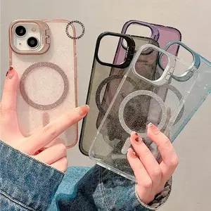 New! Glitter Magnetic Lens Stand Holder Case - Hardcase /Casing Hp Compatible For Iphone 11 12 13 14 15 16 16E 17 17 PRO AIR Plus Pro Max Casing Full Cover Pelindung Handphone Silicone Softcase MN537